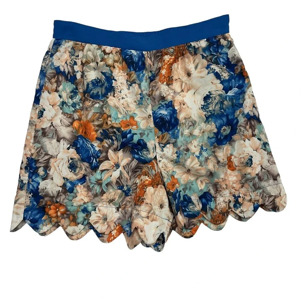 UMGEE Womens High Waisted Floral Scalloped Shorts Size Small Blue Orange Pull On